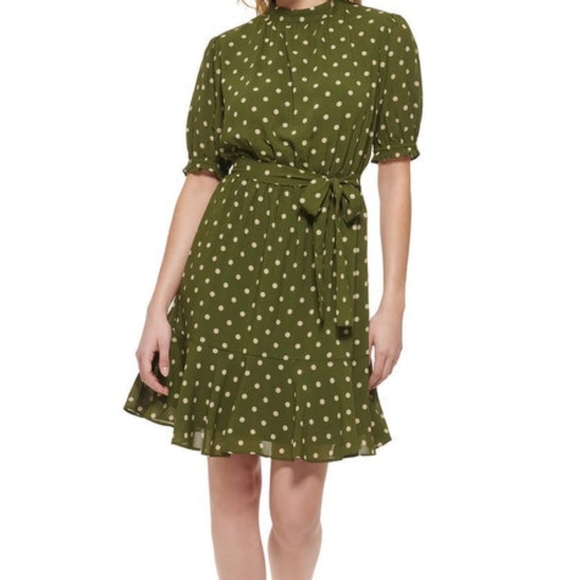Tommy Hilfiger Dresses & Skirts - Tommy Hilfiger mock neck olive green polka dot dress SIZE 14